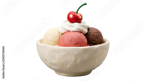Classic ice cream sundae with three scoops of vanilla, strawberry, and chocolate in a ceramic bowl, topped with whipped cream and a bright red cherry, isolated on a white background, studio shot