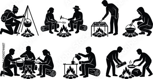 Obraz na płótnie Camping and Outdoor Cooking Silhouette Collection Featuring Campfire Meal Prepar