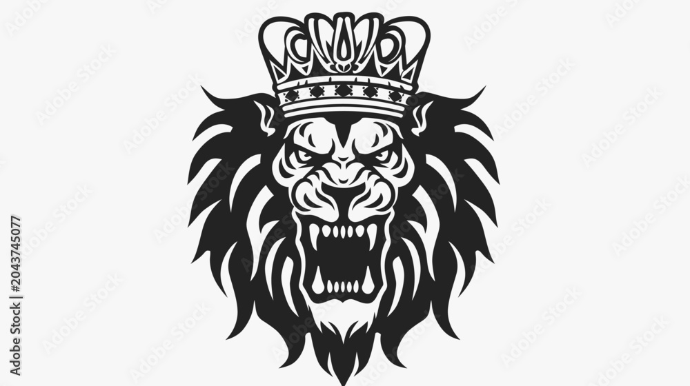 Fototapeta premium Majestic lion head with crown illustration black and white vector design