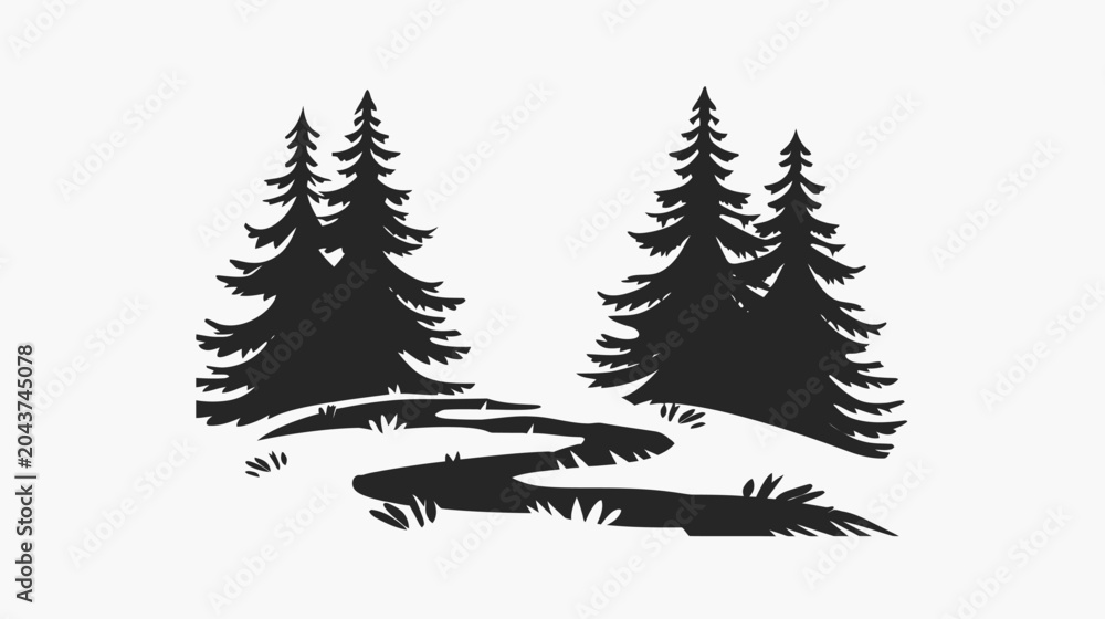 Obraz premium Silhouette of pine trees and meadow nature illustration on white background