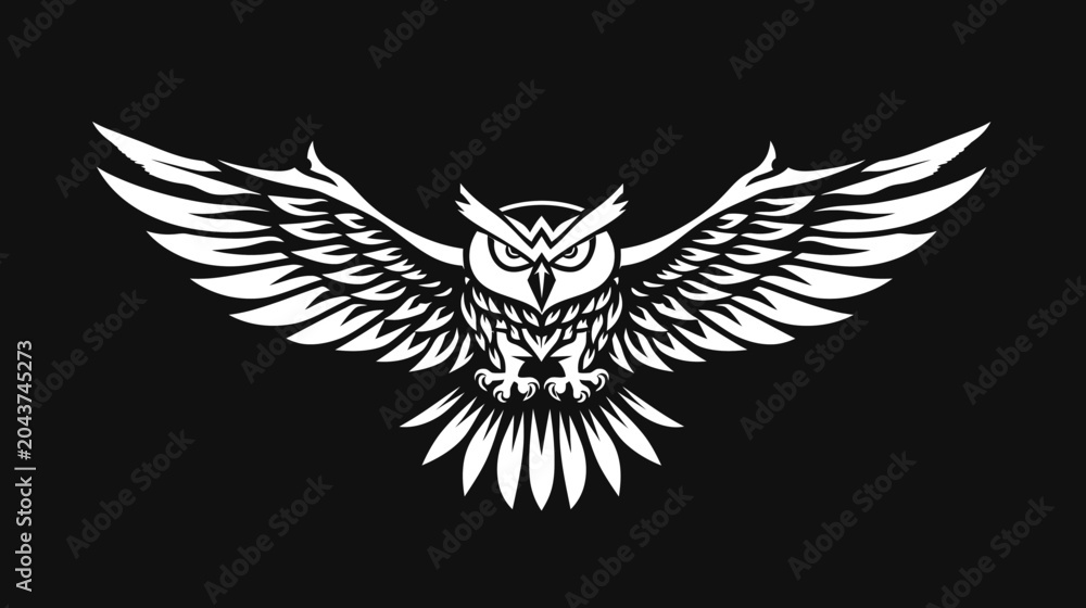 Fototapeta premium Elegant vector illustration of a white owl with open wings on a black background
