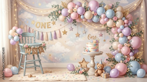 Baby girl first birthday balloon arch cake smash theme
