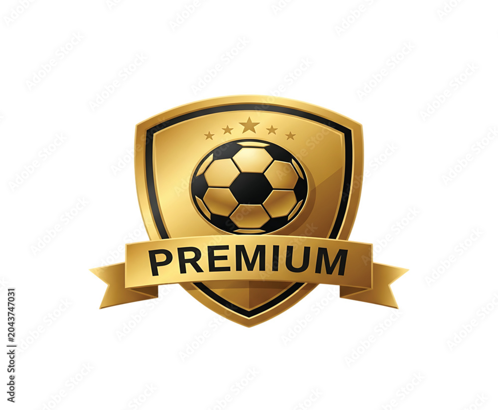 Naklejka premium A gold shield with a soccer ball and premium banner emblem, symbolizing sports excellence and high quality, with a starry design.