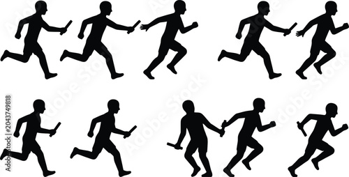 Foto Relay race runner silhouettes, athletes passing the baton in track and field com