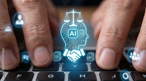 AI Law and Legal Technology Concept with Digital Handshake and Justice Scale Icon on Laptop Keyboard