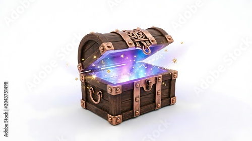 An ornate wooden treasure chest with metal accents, sitting open on a white background, emitting a magical glowing light and sparkling particles, representing fantasy, wealth, discovery, and mystery.
