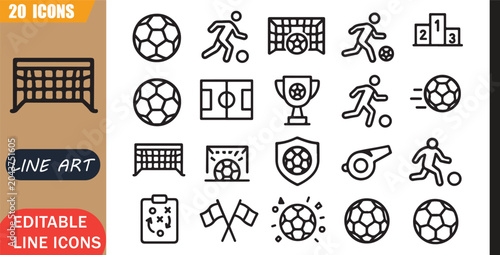 Tableau sur toile Soccer ball icons set, 20 editable line art icons set, football soccerball sport