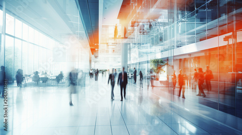 crowd of business people walking and talking in a modern company office. Geometric pattern and skyscrapers foreground. Toned image double exposure mock up blurred