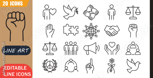 Fotografie Peace unity icons set, 20 editable line art icons set, humanrights peace unity,