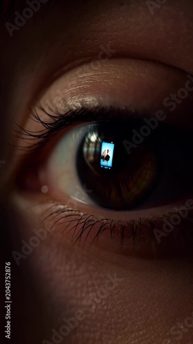 Macro shot of eye reflecting smartphone screen light at night.