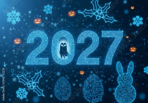 New Year Celebration with Halloween and Easter Symbols in Winter