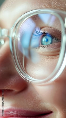 Macro shot of businesswoman eyes with glasses looking inspired.