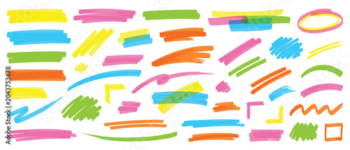 Schilderij op canvas Highlighter marker brush stroke set vector with colorful hand drawn lines, under