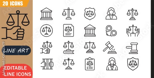 Foto Scales of justice icons set, 20 editable line art icons set, criminaljustice sca