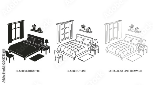 Foto bedroom scene in minimalist line drawing silhouette
