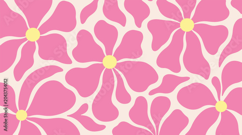 A seamless retro 70s style pattern featuring stylized groovy pink flowers with yellow centers on a cream-colored background, perfect for vintage designs.