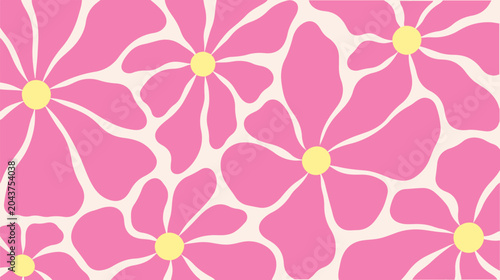 A vibrant, seamless retro-style pattern featuring stylized pink flowers with soft yellow centers against a creamy off-white background, perfect for design.