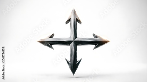 A sharp metallic four-way directional arrow symbol pointing in all cardinal directions, representing navigation, choice, strategy, and movement, isolated on a clean white studio background.