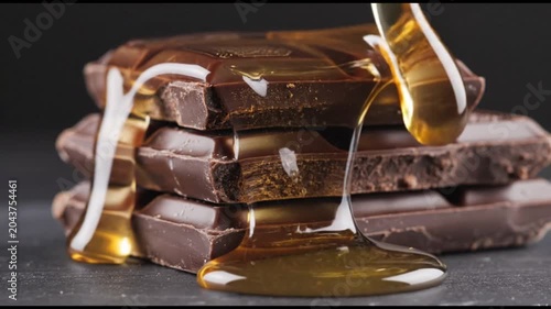 Slow Motion Video of Liquid Honey Dripping and Flowing Over Gourmet Dark Chocolate Bar