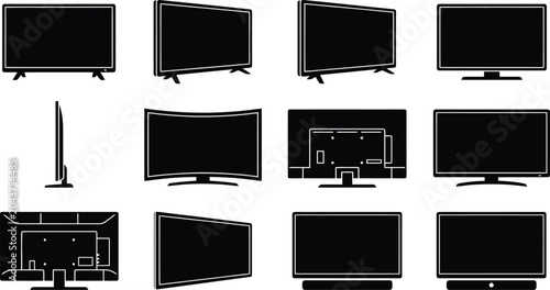 Foto Modern television screen vector icons, flat black smart TV silhouettes from diff