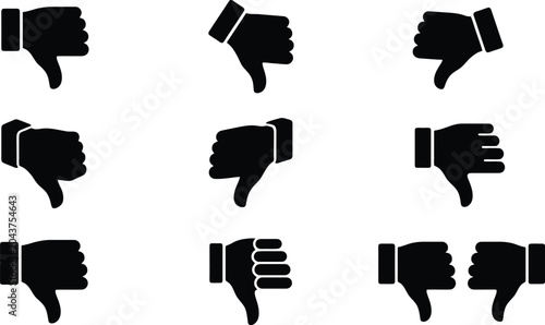 Fotografía Thumbs down icon set, black hand silhouettes showing dislike and disapproval, ne