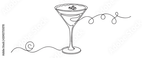Minimalist vector line art of an espresso martini glass with coffee beans on top, continuous line drawing concept for cocktail bar menu design
