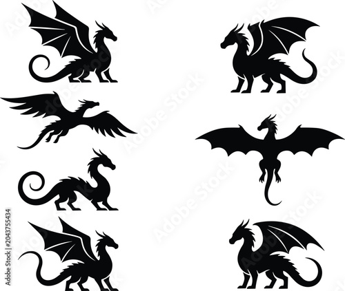 Quadro su tela Fantasy Dragon Silhouette Set Featuring Mythical Winged Creatures Medieval Beast
