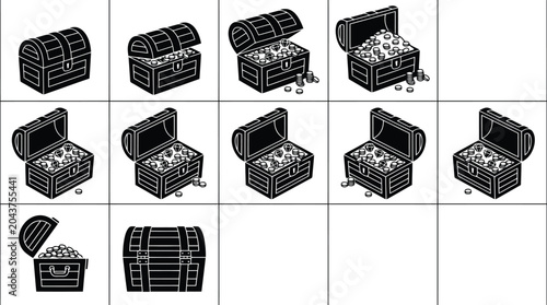 Cuadro en lienzo Treasure chest icon set, black and white pirate trunk vector collection, 11 isom