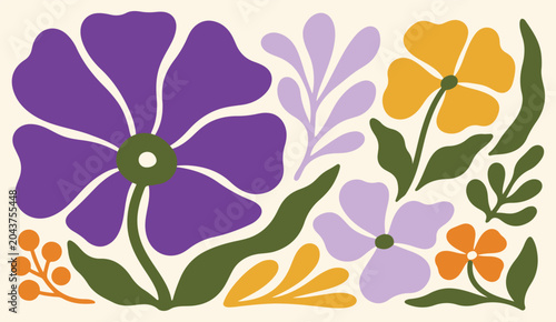 A flat vector-style illustration featuring a large purple flower, a smaller yellow flower, a light purple flower, and an orange flower with green leaves.