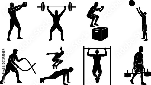 Foto Fitness and functional training silhouettes set featuring athletes lifting weigh