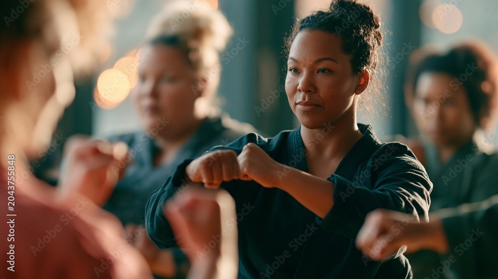 Fototapeta premium Confident female instructor guides plussize beginners posture during selfdefense class soft daylight highlighting focused expressions in inclusive workout space with blurred