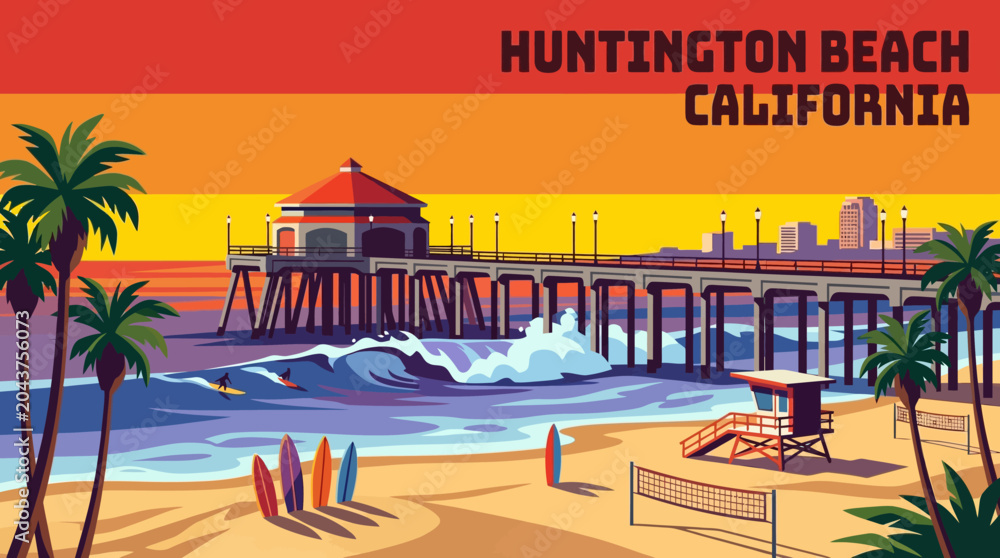 Fototapeta premium huntington beach sunny pacific shoreline vector with rolling ocean waves sandy coast and popular travel destination