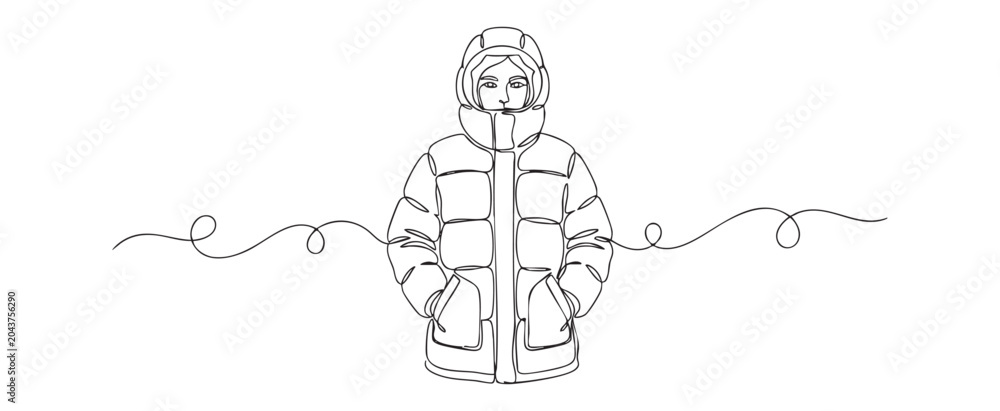 Fototapeta premium Continuous line art vector illustration of a person in a puffer coat with hands in pockets, representing a minimalist winter fashion concept on a clean white background