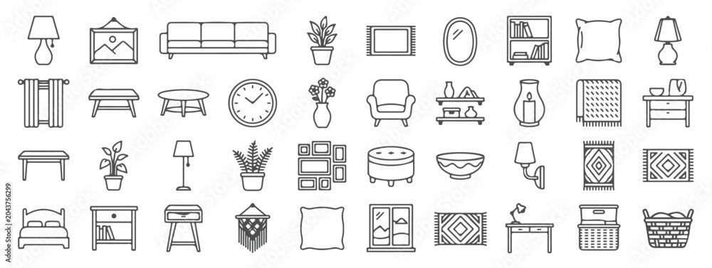 Fototapeta premium Home Decor Icons AD Professional Vector Outline File Interior Design, Decoration Furniture Accessories, Thin Line Symbols Editable Stroke Collection