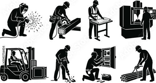 Fotografie Industrial workers and construction laborers silhouettes set including welding e