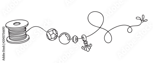 Minimalist continuous line art vector illustration of beads and wire for handmade jewelry making, representing creative hobby and craft design concept on white