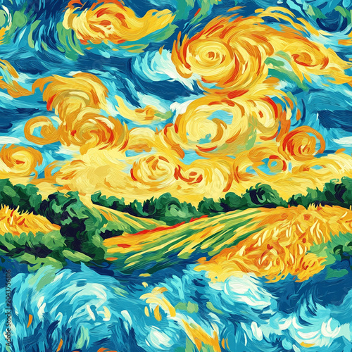 Vibrant landscape pattern: golden fields under a stormy sky