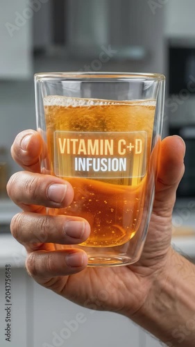 Hand holding a double-walled glass filled with an orange vitamin C and D infusion drink with bubbles inside a kitchen