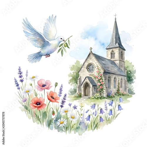 Watercolor illustration of a white dove flying with an olive branch above a small stone church surrounded by spring wildflowers. Religious peace and faith concept for Easter design.