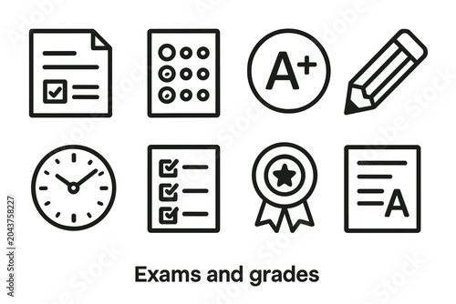 Set of icons representing exams, grades, and academic achievement with a clock and pencil