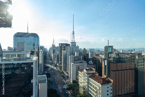 Photography São Paulo, SP, Brazil - April 21st, 2026: Aerial view of Avenida Paulista, the most important and symbolic thoroughfare in the city, with its dozens of skyscrapers and telecommunications towers