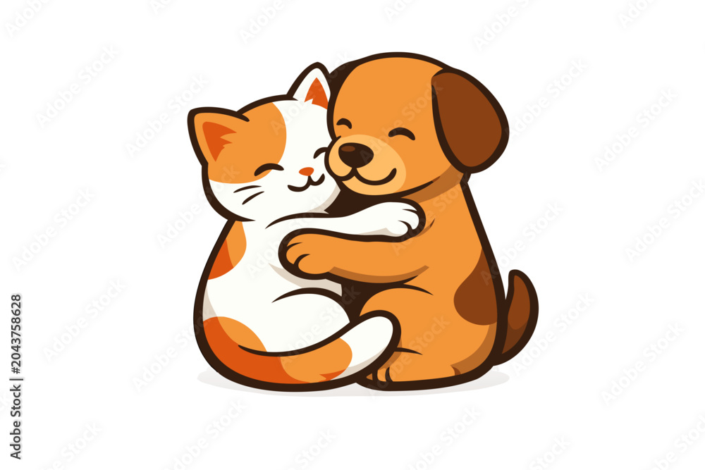 Fototapeta premium Cute vector illustration of a smiling orange cat and golden puppy hugging, isolated on transparent background. Warm cartoon friendship clipart for kids, stickers, cards and animal designs