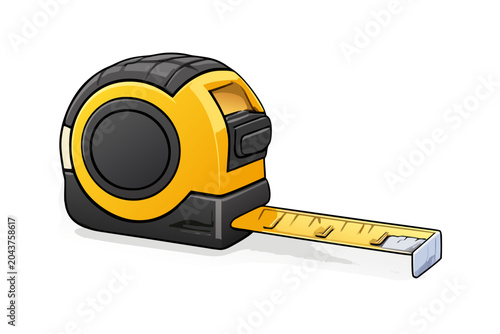 Yellow and black tape measure vector illustration with extended ruler blade, construction measuring tool isolated on transparent background.