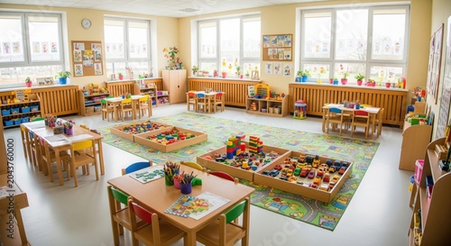 Modern and Bright Preschool Classroom Interior with Educational Toys