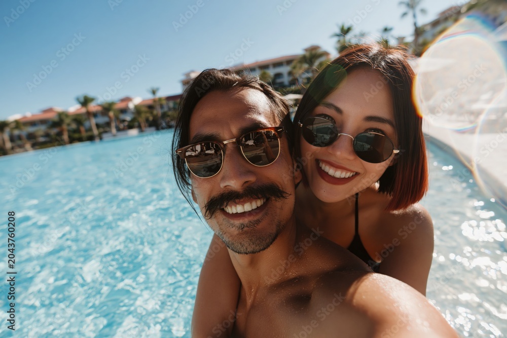 Obraz premium Man and woman smiling and posing in resort pool area