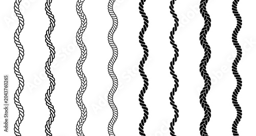 Nautical rope patterns with wave borders. Sailor cord knots create decorative marine textures, perfect for vintage ship designs and seamless ornaments.