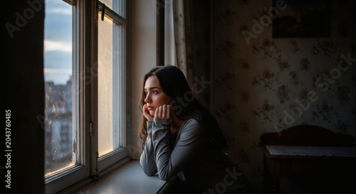 A contemplative woman gazing out of a window in a dimly lit room with a city view