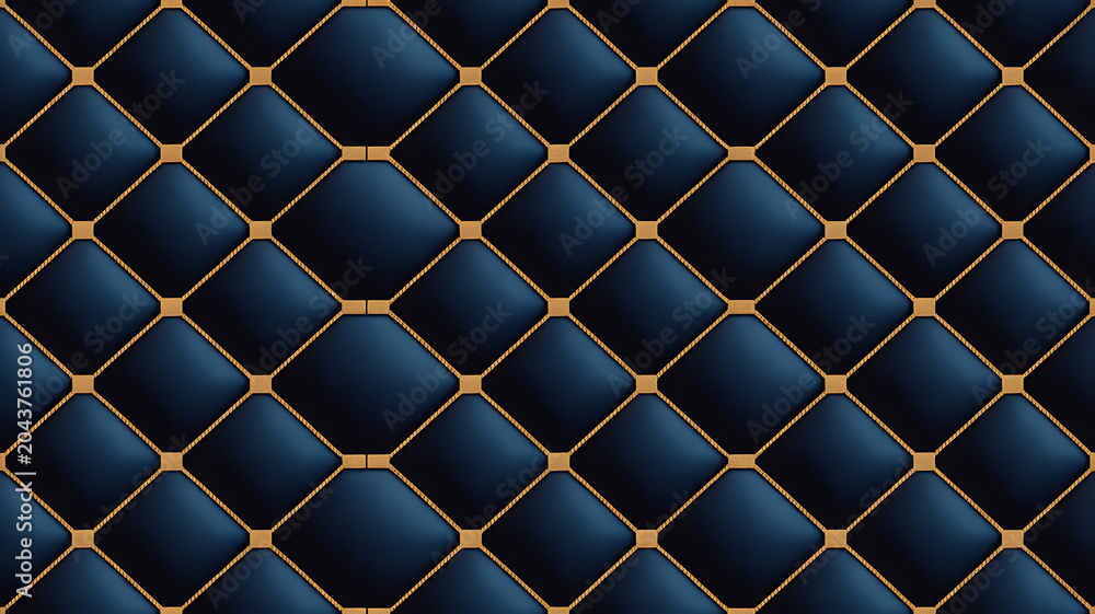 Fototapeta premium Dark Blue Quilted Fabric Texture with Gold Lines diamond