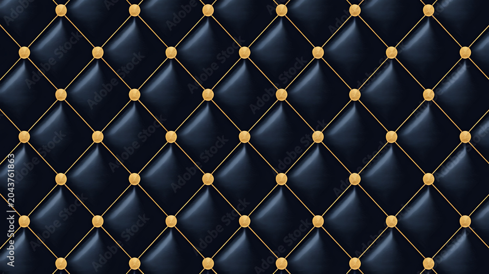 Naklejka premium Black Tufted Upholstery with Gold Diamond Pattern texture