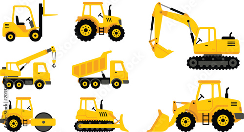 Construction Equipment Vector Set with Excavator Loader Bulldozer Crane Truck Forklift and Road Roller